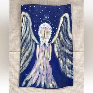 Snowy Night Angel Painting On Curved Wood Rustic Art Christmas Religious